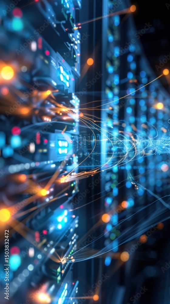 Poster data center operations high-tech facility digital infrastructure virtual environment futuristic view
