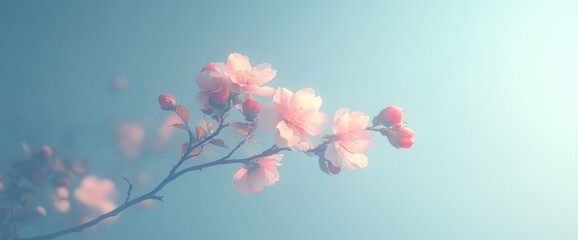 Fototapeta premium Gentle Pink Cherry Blossoms in Soft Light Against a Pale Blue Sky