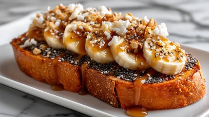 Toast Topped with Banana and Caramel, Delicious Dessert