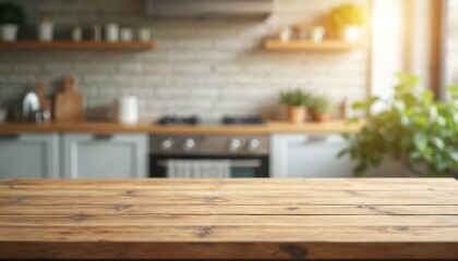 Empty wooden table product display blurred kitchen background. Modern bright kitchen space with sunlight. Use for food, product placement. Home interior design. Tabletop, display shelf background.