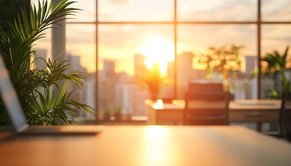 Wooden table and chairs in modern office with city view and sunlight. 3D Rendering