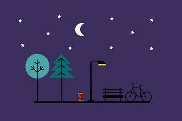 Minimalist flat design illustration of a city park at night, with glowing street lamps and a calm ambiance. Modern and elegant style, suitable for night-time urban themes.