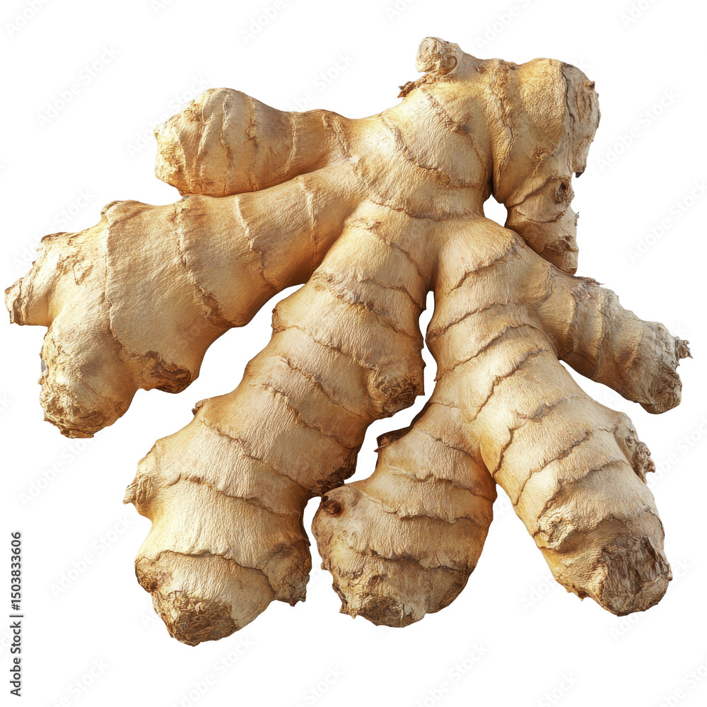 Poster fresh ginger root isolated on a transparent background showcasing its textured surface and unique sh