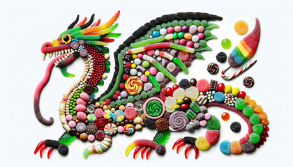 A creative collage-style illustration of a dragon made from candies, isolated on a white background, 32 aspect ratio.jpg