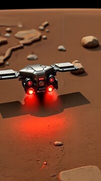 Futuristic drone exploring Martian landscape with red lights  