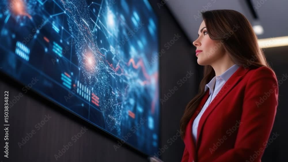 Poster analyst gazing data visualization: a professional woman dressed in a sharp red blazer and a formal s