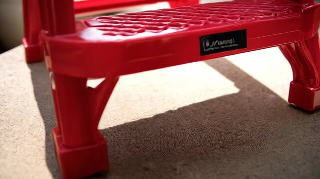 Close-up of a bright red plastic step stool sitting outside in the sun, ready to help reach high places in the home or garage.