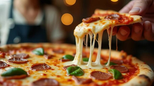 Gooey Cheese Pizza Slice Being Pulled in Cozy Italian Restaurant