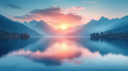 Fototapeta premium Serene Sunset Over Tranquil Lake Surrounded by Majestic Mountains
