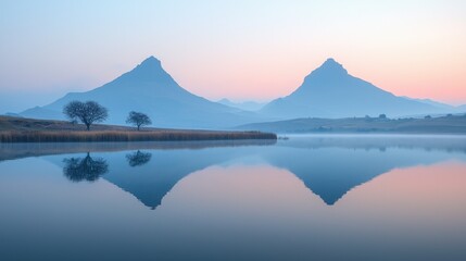 Serene Mountain Reflection at Dawn Over Calm Lake in Nature