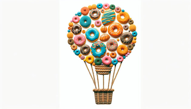 A creative collage-style illustration of a hot air balloon made from donuts, isolated on a white background, 32 aspect ratio.jpg