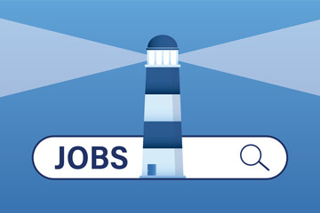 Lighthouse on search bar employment, career or job search. Lighthouse help search vacancies, opportunities or jobs. Business banner template, place for text.