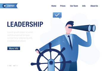 Business leadership, landing page template. Visionary to lead company success, work achievement. smart businessman uses spyglass, boat captain controlling steering wheel.