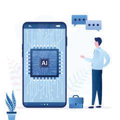 AI chip on smartphone screen. Technology innovation background. Businessman communication with neural network. Generative bot for creating ideas, searching for questions.