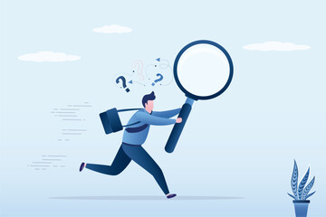 Business creativity or imagination, improvement, creative freedom. Entrepreneur running and uses magnifying glass for searching answers. Creative businessman looking for new ideas