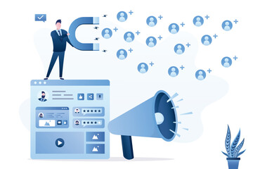 Blogger attracts new followers. Influencer increases his audience and subscribers. Digital marketing, businessman working with viral content