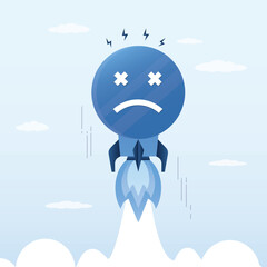 Giant negative emoji take off how fast rocket. Pessimism, mental problems and emotional pressure. Rapid development of stress, frustration. Business failures metaphor.