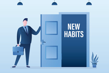 New habits for businessman. Smart guy opens door looking for new direction. Successful worker man in suit with briefcase. Positive thinking, motivation. Choose new direction.