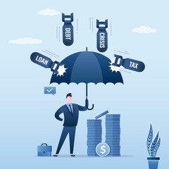 Wealth or investment under umbrella. Money protection against bombs of crisis, debts and taxes. Smart businessman with successful business management