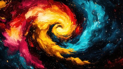 Dynamic Swirling Galaxy with Red, Orange, Yellow, and Blue Hues