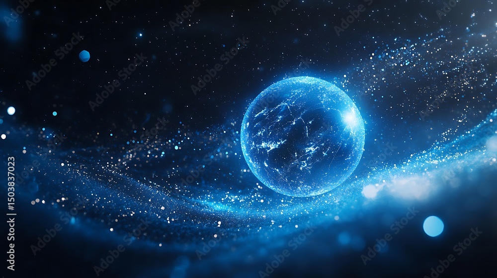 Poster abstract blue planet with particles. 3d rendering, 3d illustration.