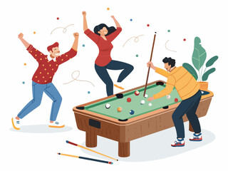 Fototapeta premium Create a bold, vector illustration of friends playfully engaged in a pool game, emphasizing strong outlines and vibrant colors.