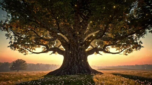 Ancient trees glowing with pollen flying at sunrise