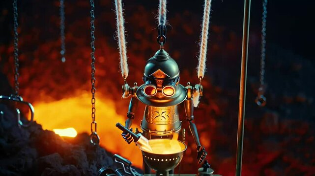 mechanical alchemist wearing goggles reflecting a fiery glow is brewing a potion in a brass laboratory