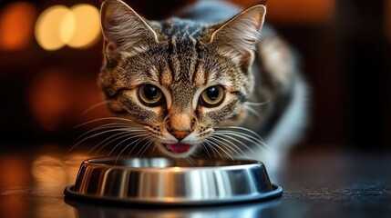 Hungry tabby cat eating from bowl indoors