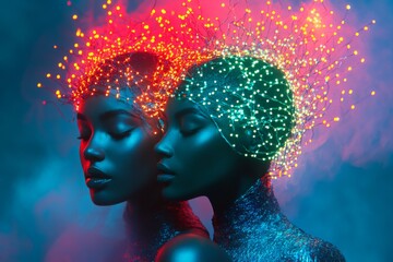 Two black women with glowing hair in abstract artistic setting  