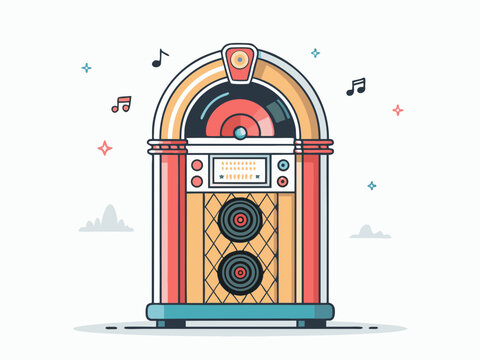 Create a bold, vector illustration of a vintage jukebox playing music, with thick black outlines and vibrant colors.  Focus on detailed design.