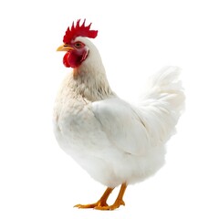 Fototapeta premium High-Contrast Low-Key Architectural Portrait of Hen with Red Comb and White Feathers on White Background, Square Crop