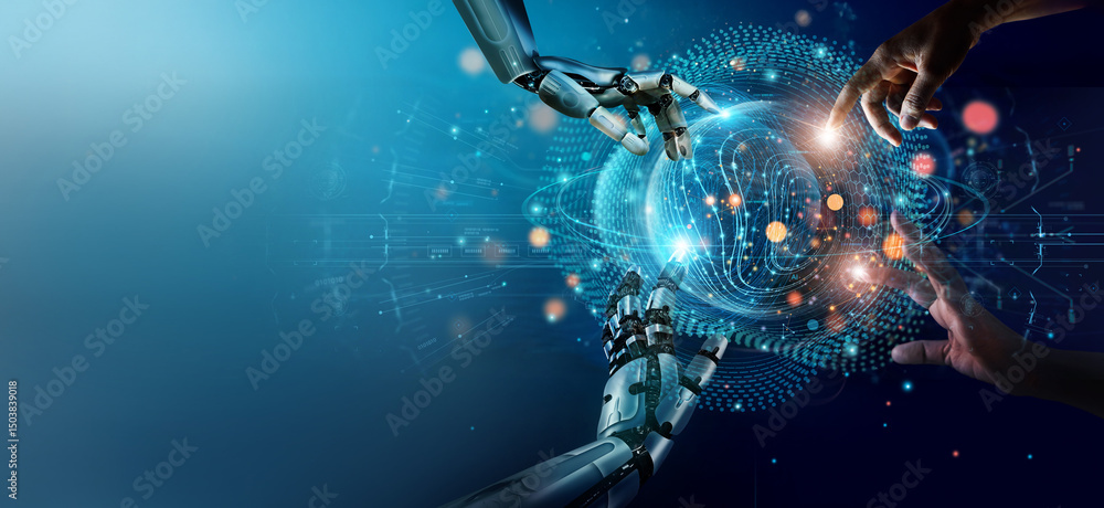 Poster AI, Machine learning, Hands of robot and human touching on big data network connection background, Science and artificial intelligence technology, innovation and futuristic.