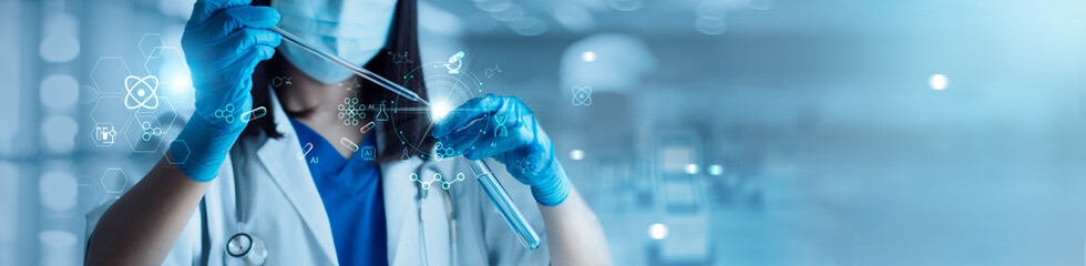 Genetic research and Biotech science Concept. Human Biology and pharmaceutical technology in...