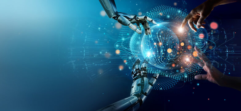 AI, Machine learning, Hands of robot and human touching on big data network connection background, Science and artificial intelligence technology, innovation and futuristic.