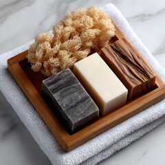 Three artisanal soaps, a natural sponge, and wooden tray on a white towel