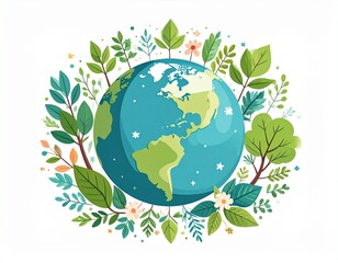 Earth Day illustration featuring vibrant globe surrounded by lush foliage