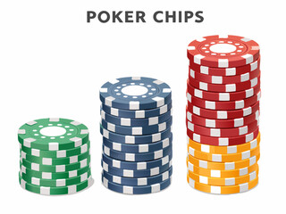 Create a vector illustration of a stack of bold-stroked poker chips arranged in a 'C' shape.  Chips should be realistically rendered with detailed textures.