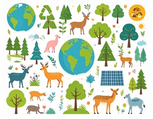 Obraz premium Ecology concept with Earth, trees, deer, solar panel and recycling sign