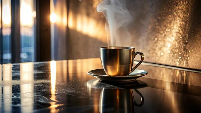 A hot beverage steams on a reflective table near a sunlit window.