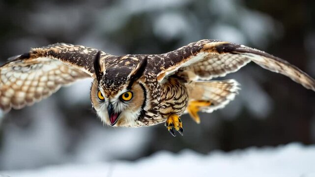 Owl swooping down with talons extended toward prey