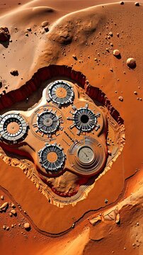 Futuristic settlement on Mars surrounded by red desert landscape  
