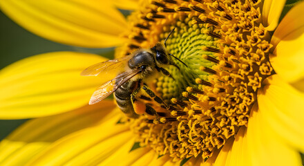 The bee collecting pollen from a sunflower