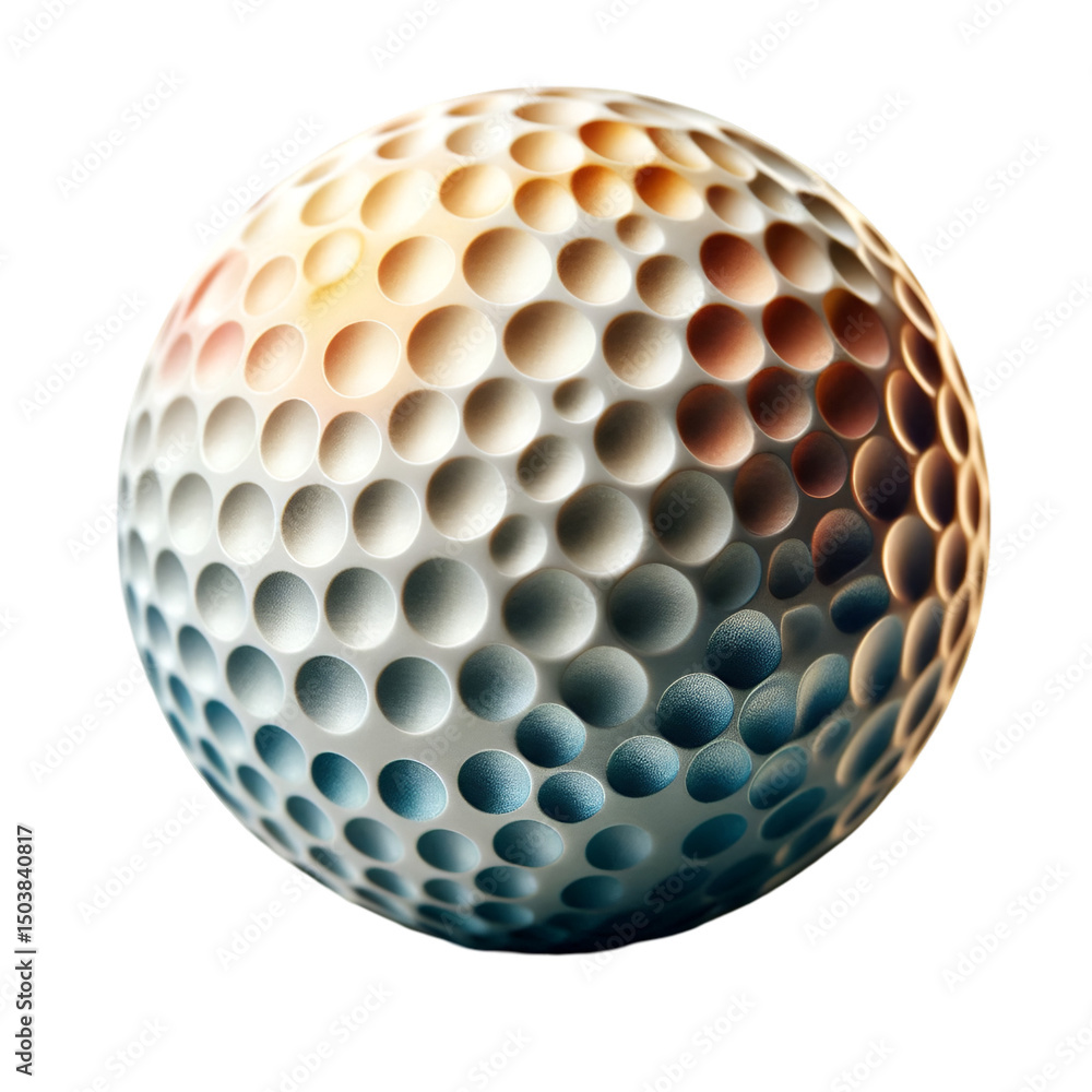 Poster abstract spherical object with textured surface and a pattern of depressions on black backdrop.