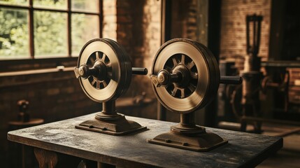 Industrial bench grinder with twin grinding wheels mounted on a steel table