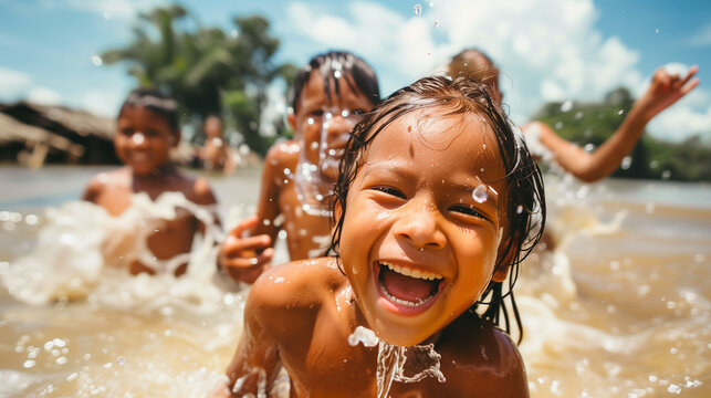 Indigenous children laughing and splashing in shallow river water.