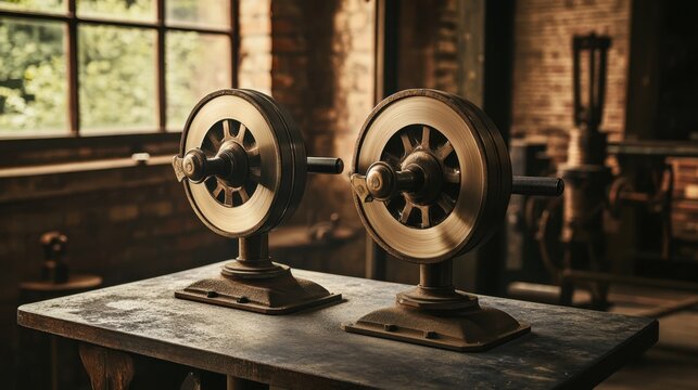 Industrial bench grinder with twin grinding wheels mounted on a steel table