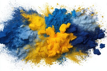 Powder explosion of blue and yellow on white background