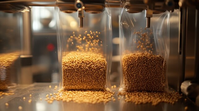 Transparent pouch filled with grains being sealed by vacuum packaging unit