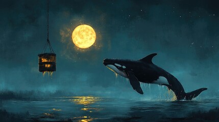 Fototapeta premium Moonlit Whale Leaps, Lantern, Misty Lake